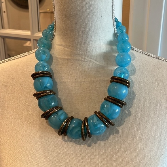 Large Bubble Necklace with Copper Circles! Big Bold Clear Blue Ball 20” Necklace - Picture 1 of 13